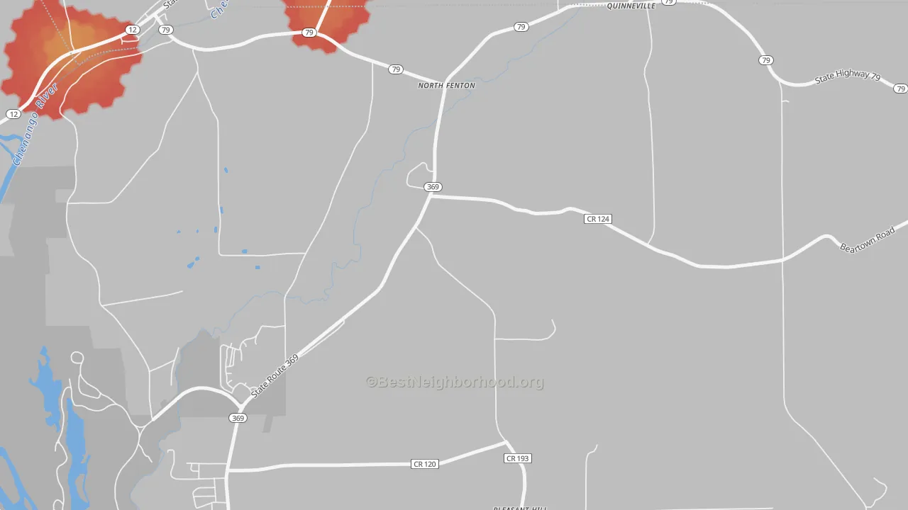 Walk Grade map of North Fenton, NY, walkable areas in green and car-dependent areas in red