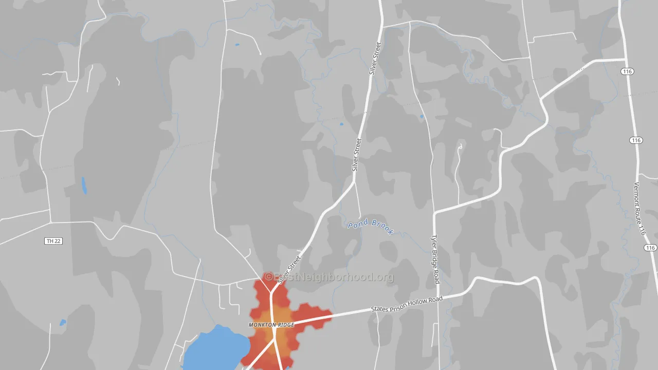 Walk Grade map of North Ferrisburg, VT, walkable areas in green and car-dependent areas in red