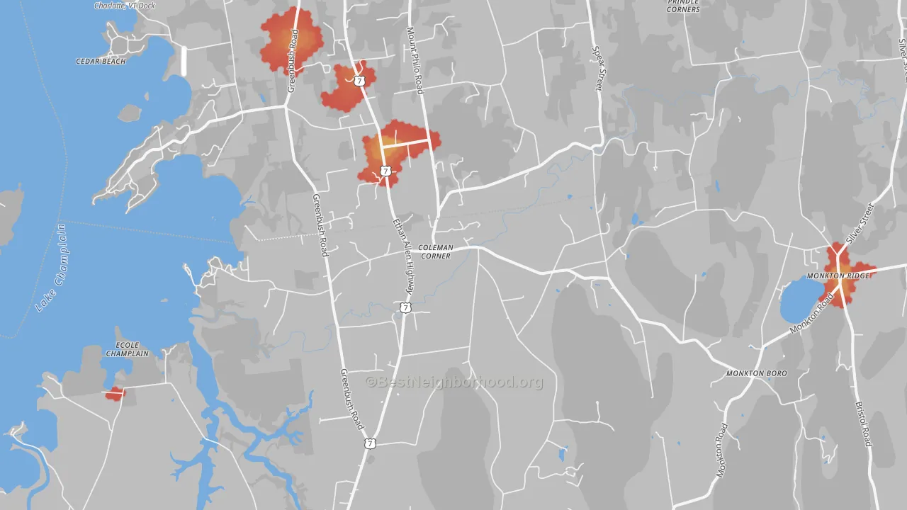 Walk Grade map of North Ferrisburgh, VT, walkable areas in green and car-dependent areas in red