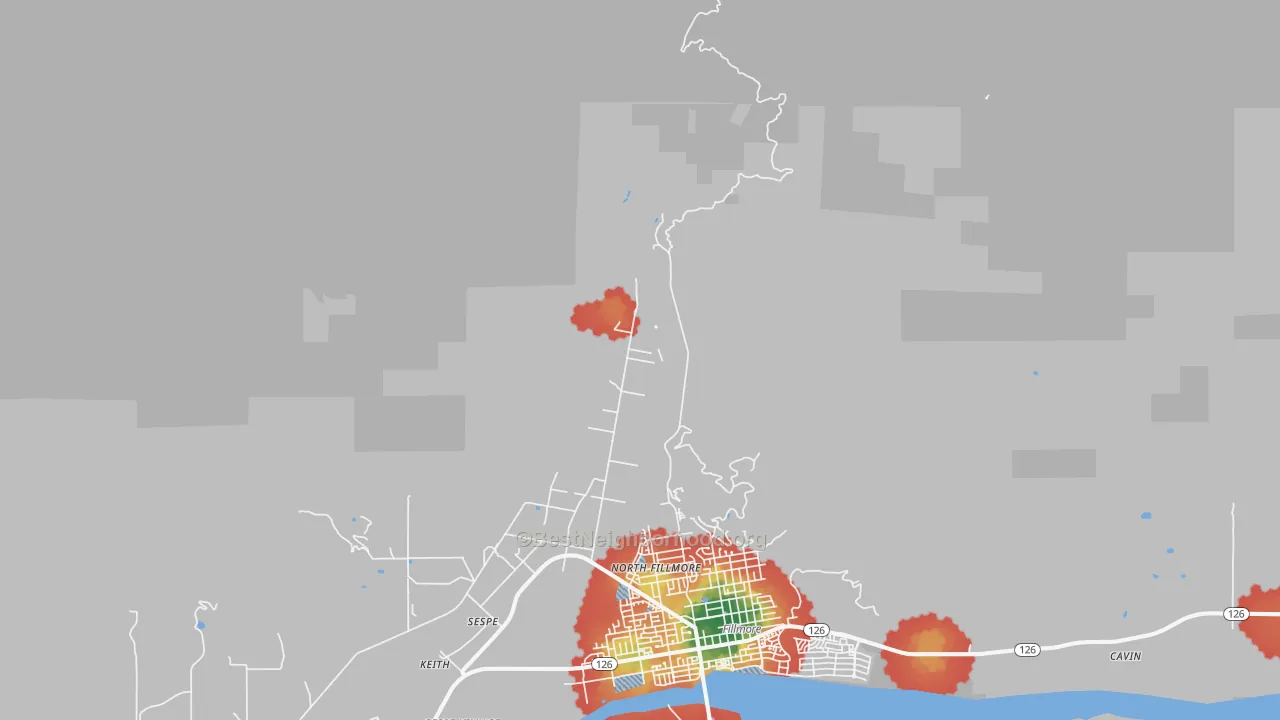 Walk Grade map of North Fillmore, CA, walkable areas in green and car-dependent areas in red