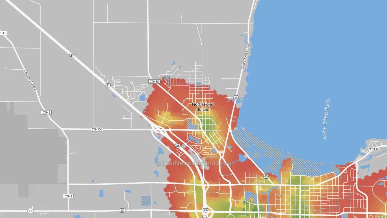 Walk Grade map of North Fond du Lac, WI, walkable areas in green and car-dependent areas in red