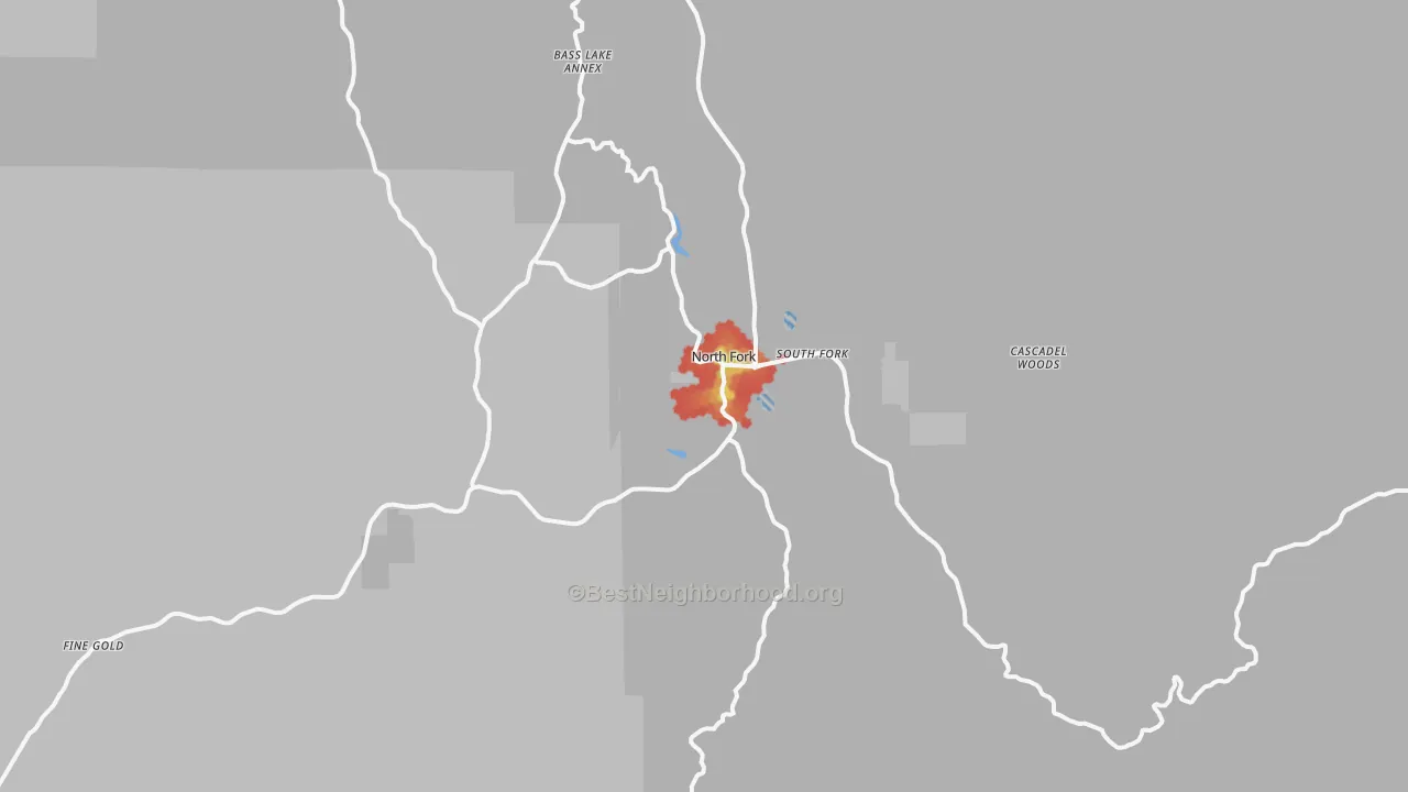 Walk Grade map of North Fork, CA, walkable areas in green and car-dependent areas in red