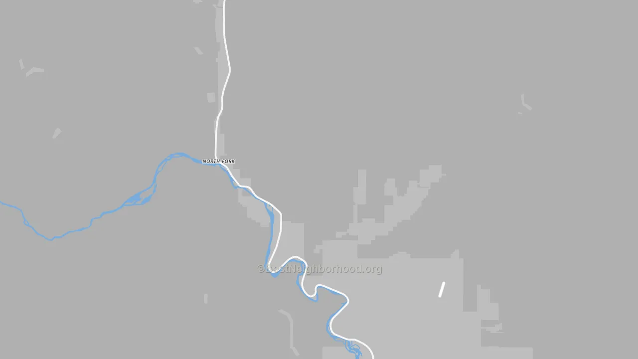 Walk Grade map of North Fork, ID, walkable areas in green and car-dependent areas in red