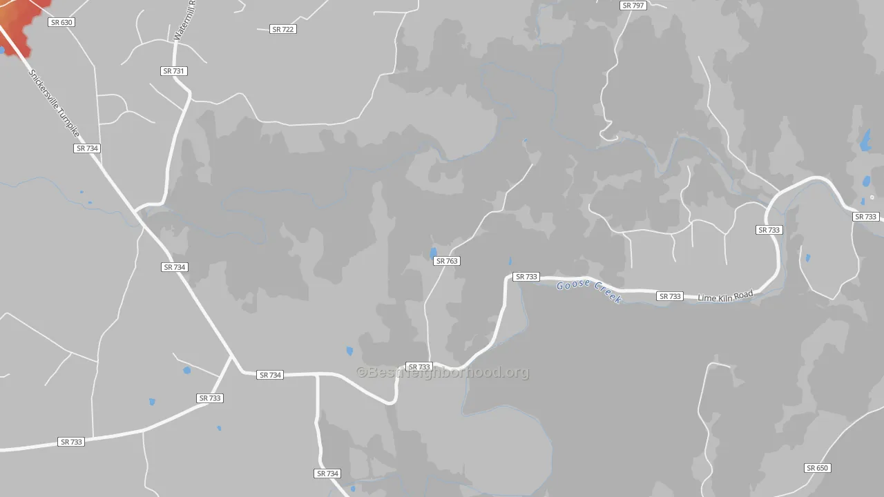Walk Grade map of North Fork, VA, walkable areas in green and car-dependent areas in red