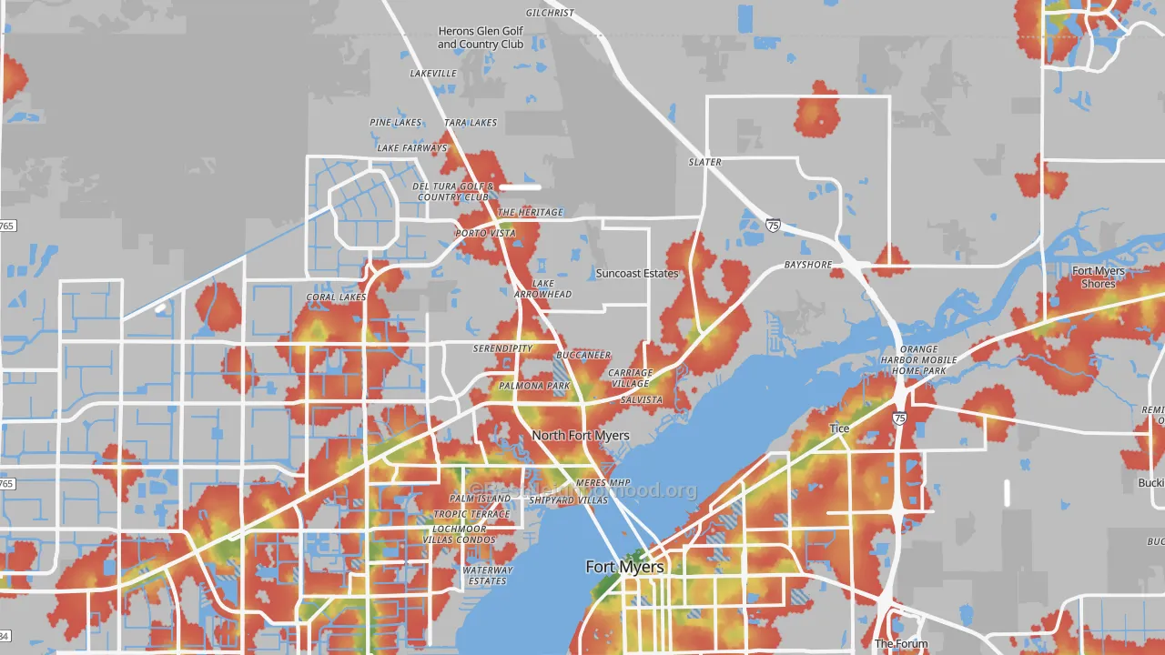 Walk Grade map of North Fort Myers, FL, walkable areas in green and car-dependent areas in red