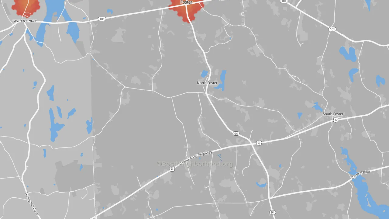 Walk Grade map of North Foster, RI, walkable areas in green and car-dependent areas in red