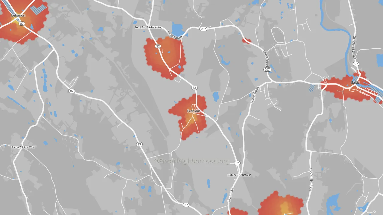 Walk Grade map of North Franklin, CT, walkable areas in green and car-dependent areas in red