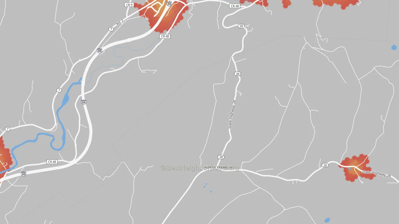 Walk Grade map of North Franklin, NY, walkable areas in green and car-dependent areas in red