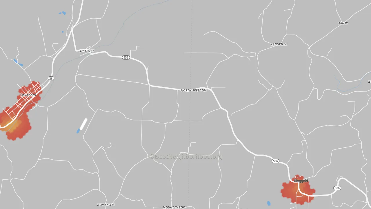 Walk Grade map of North Freedom, PA, walkable areas in green and car-dependent areas in red