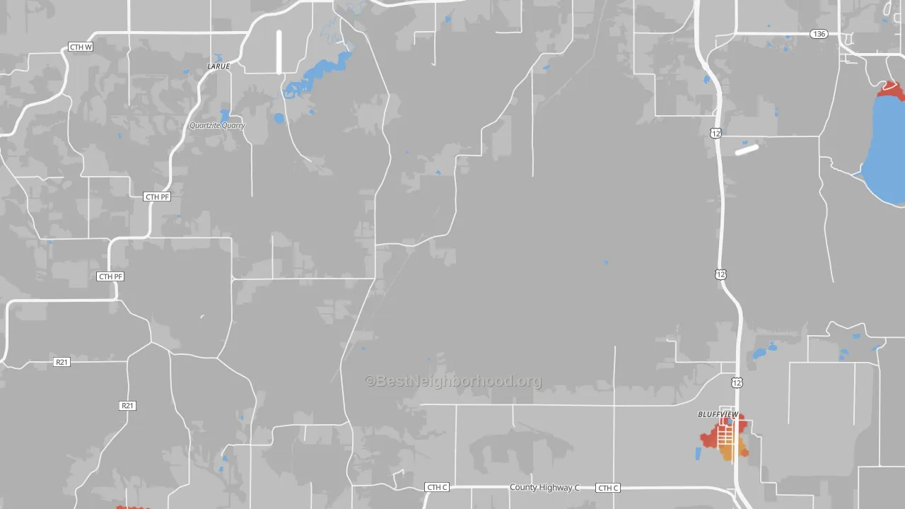 Walk Grade map of North Freedom, WI, walkable areas in green and car-dependent areas in red