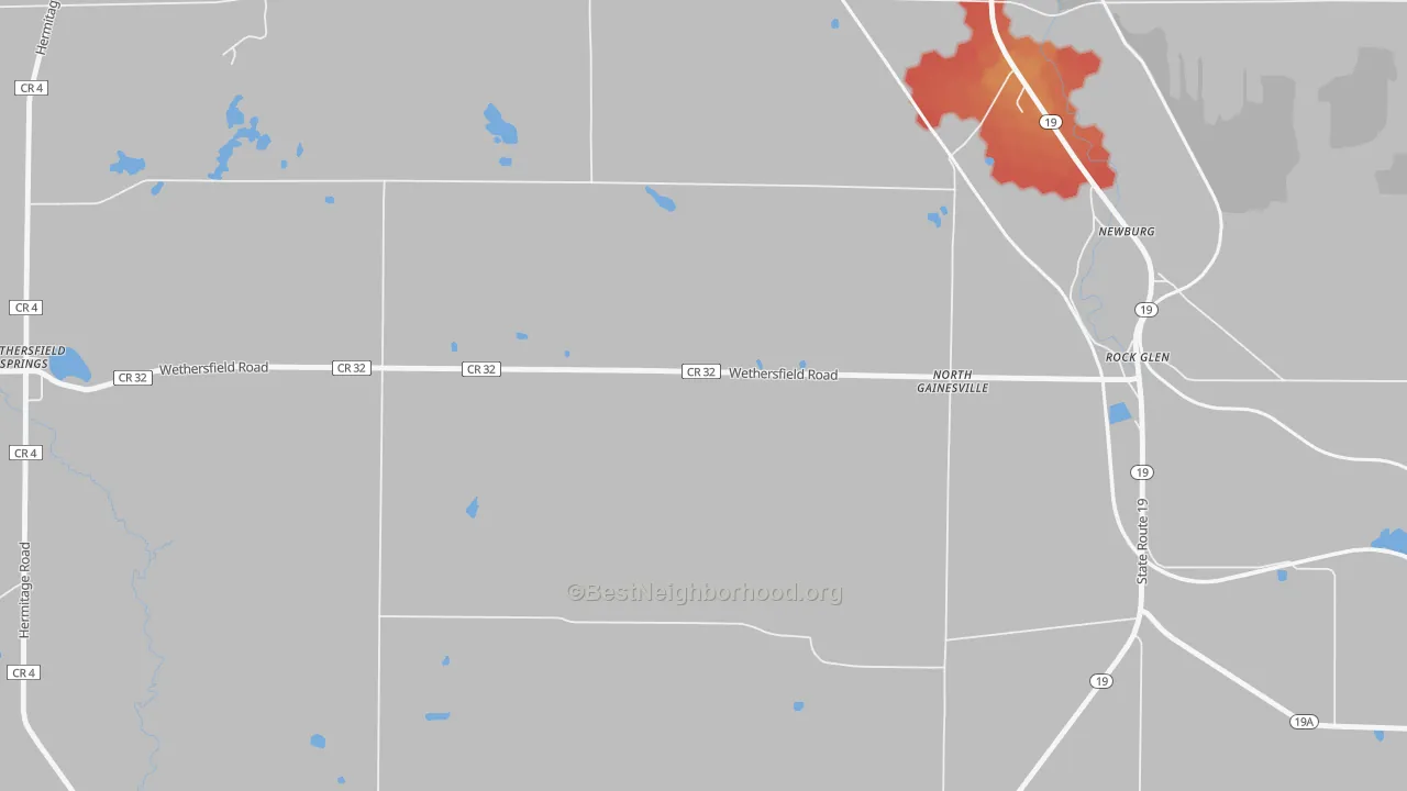 Walk Grade map of North Gainesville, NY, walkable areas in green and car-dependent areas in red