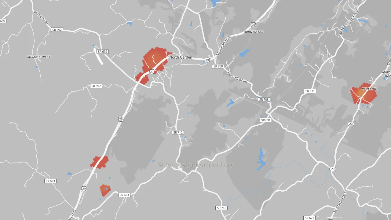 Walk Grade map of North Garden, VA, walkable areas in green and car-dependent areas in red