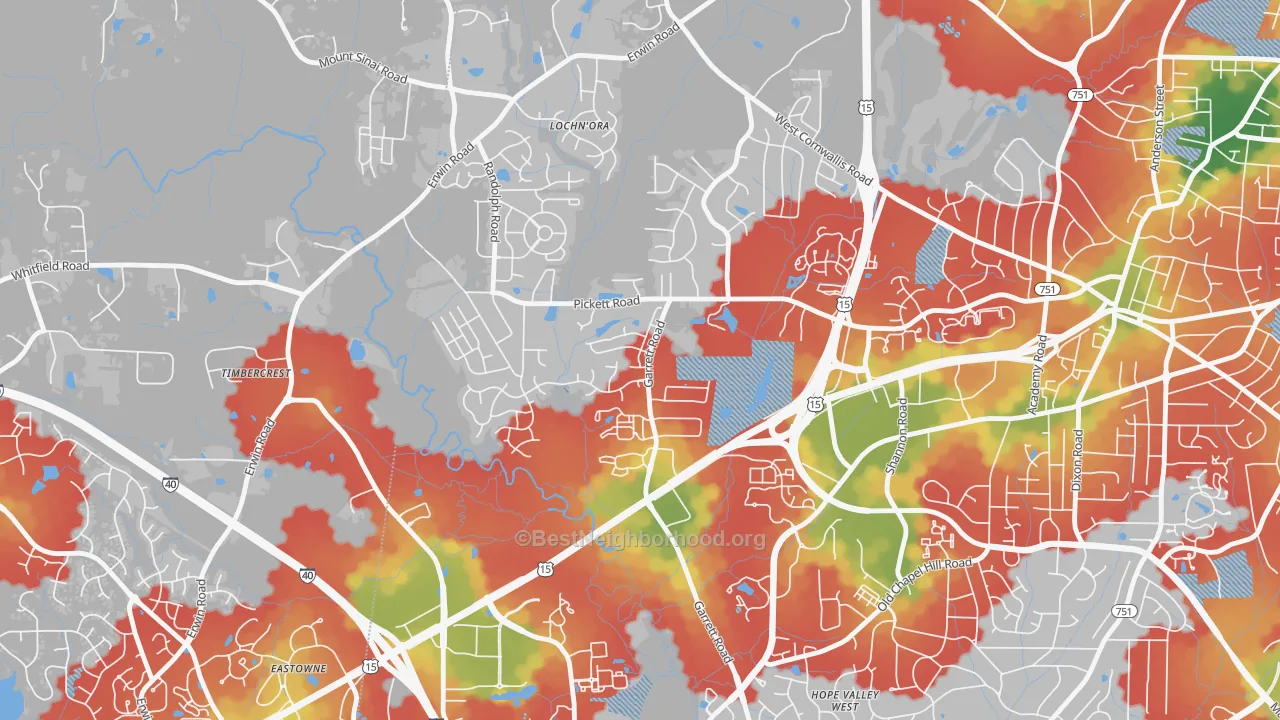 Walk Grade map of North Garrett Road, Durham, NC, walkable areas in green and car-dependent areas in red