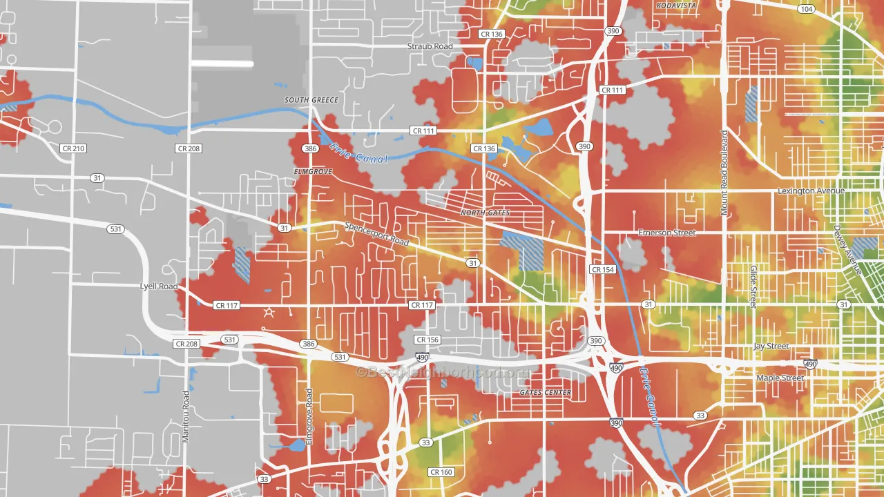 Walk Grade map of North Gates, NY, walkable areas in green and car-dependent areas in red