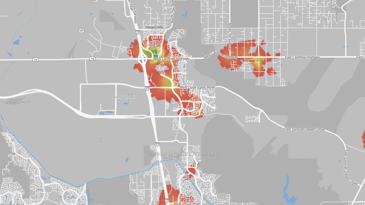 Walk Grade map of North Gateway, Phoenix, AZ, walkable areas in green and car-dependent areas in red