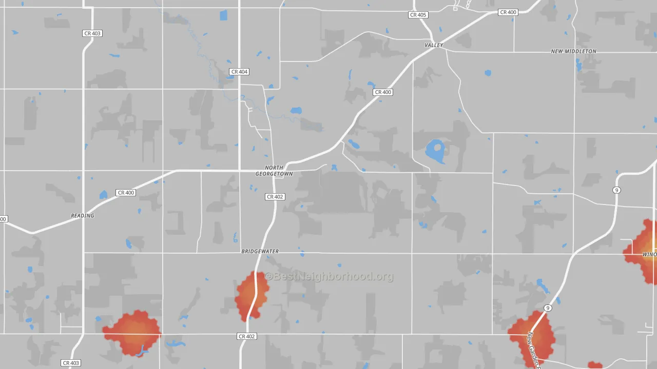 Walk Grade map of North Georgetown, OH, walkable areas in green and car-dependent areas in red