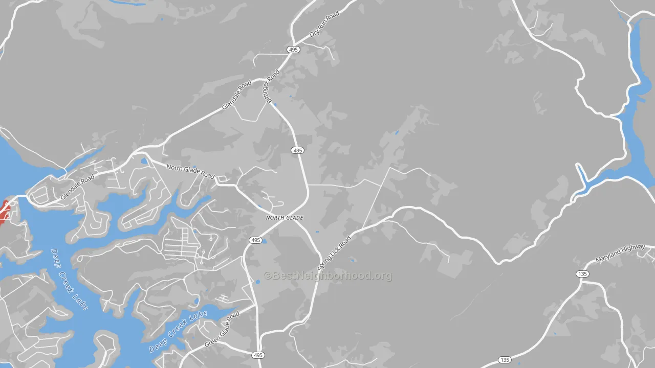 Walk Grade map of North Glade, MD, walkable areas in green and car-dependent areas in red