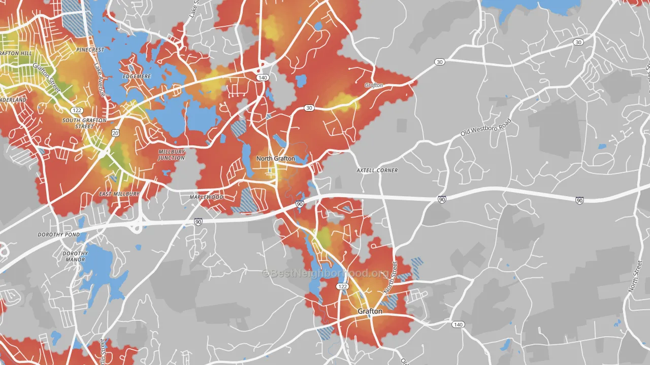 Walk Grade map of North Grafton, MA, walkable areas in green and car-dependent areas in red