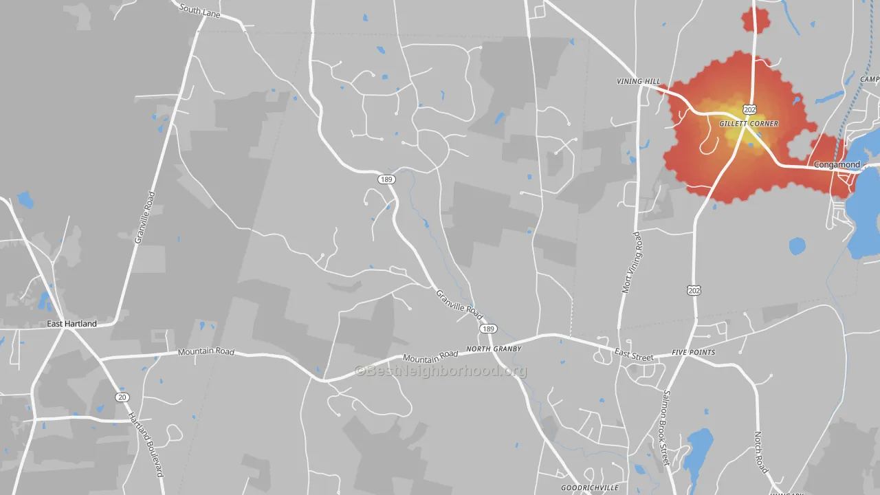 Walk Grade map of North Granby, CT, walkable areas in green and car-dependent areas in red