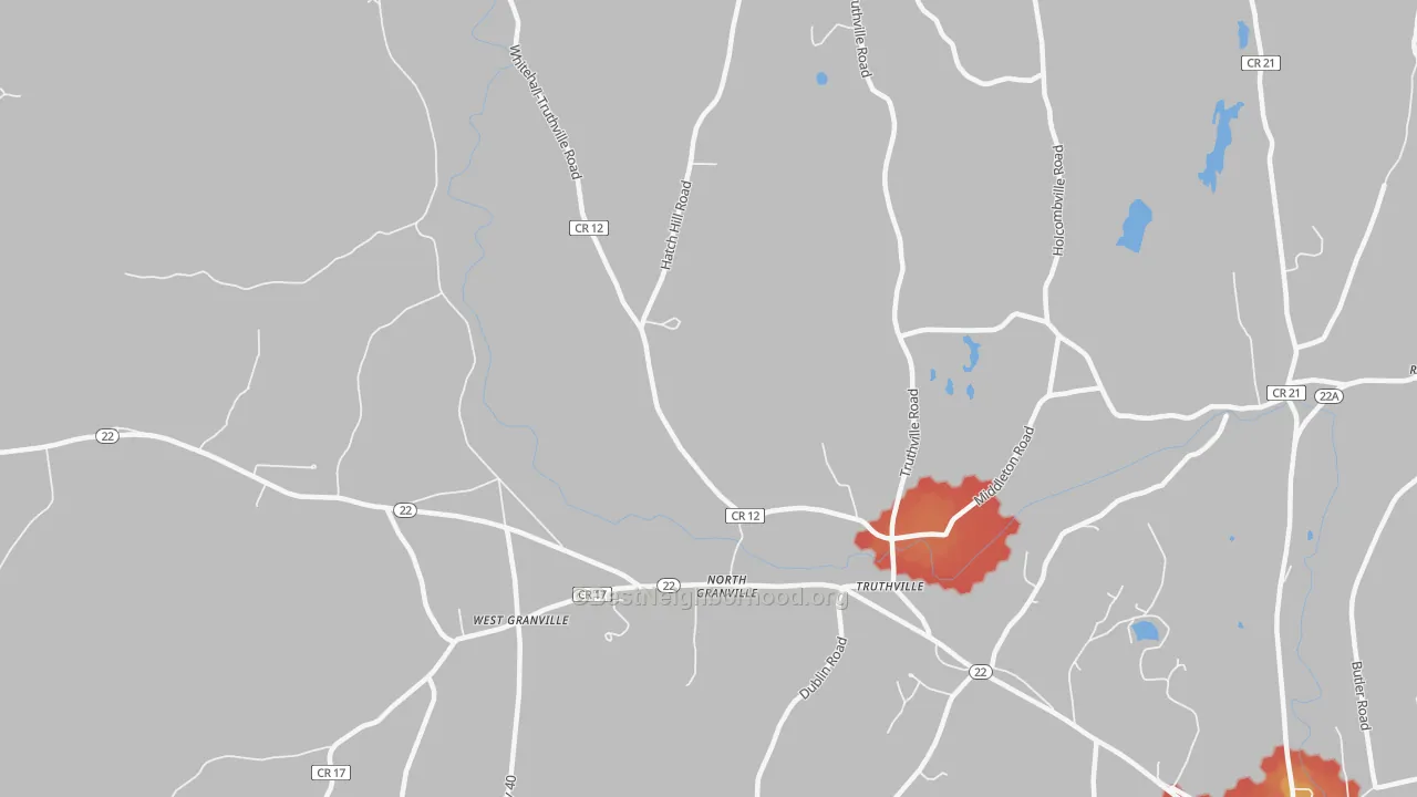 Walk Grade map of North Granville, NY, walkable areas in green and car-dependent areas in red