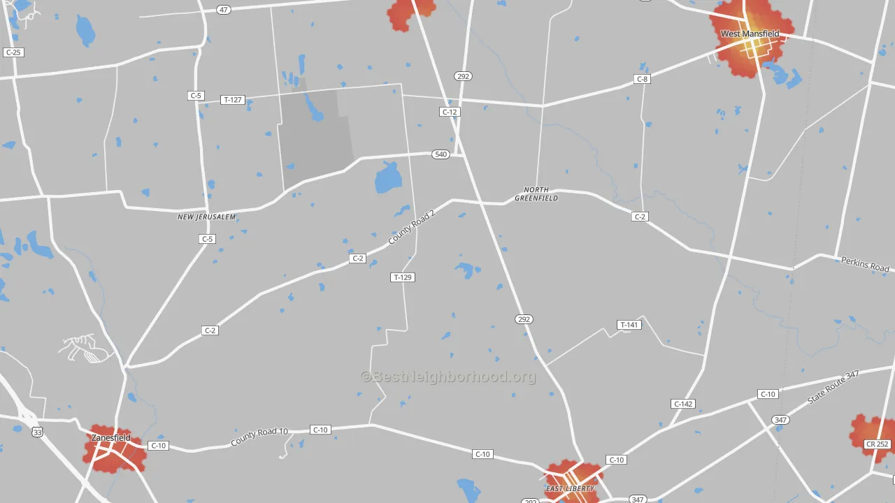 Walk Grade map of North Greenfield, OH, walkable areas in green and car-dependent areas in red