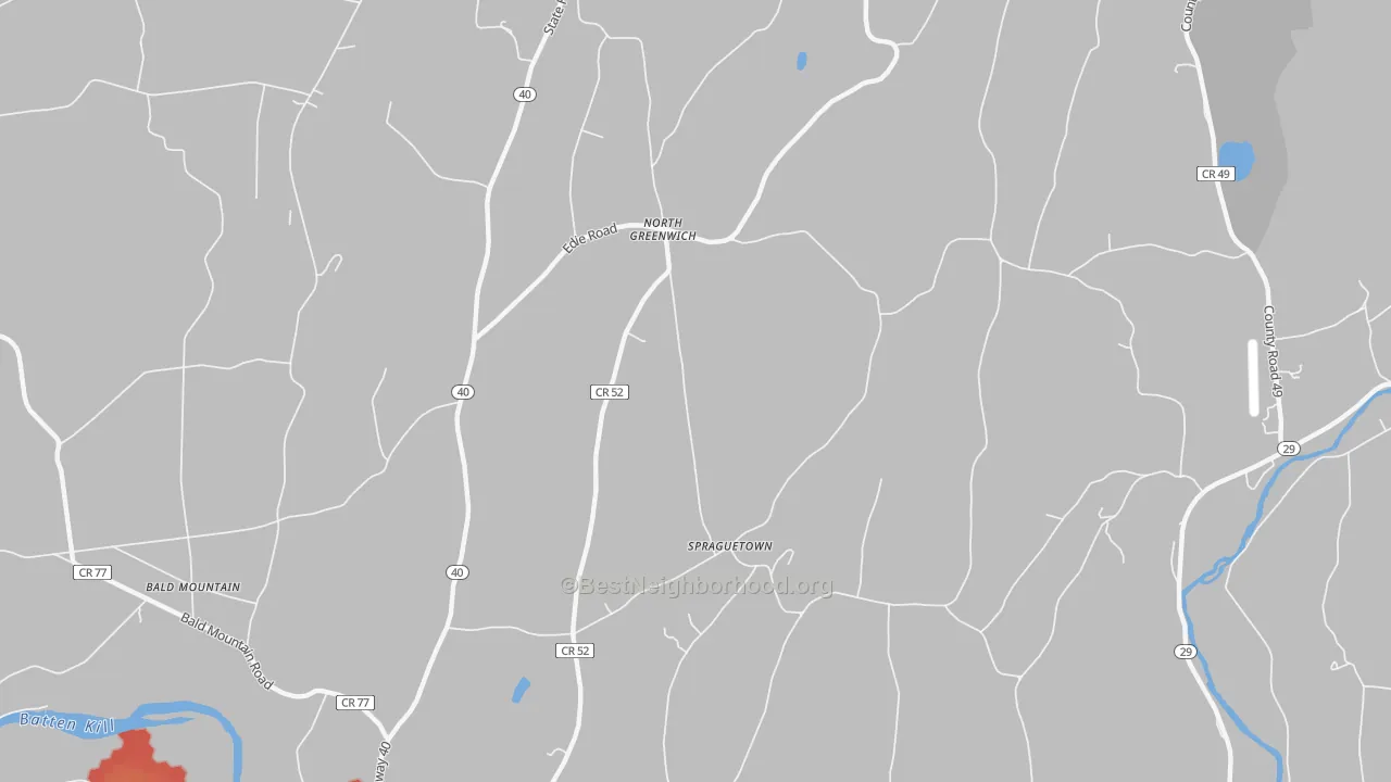 Walk Grade map of North Greenwich, NY, walkable areas in green and car-dependent areas in red
