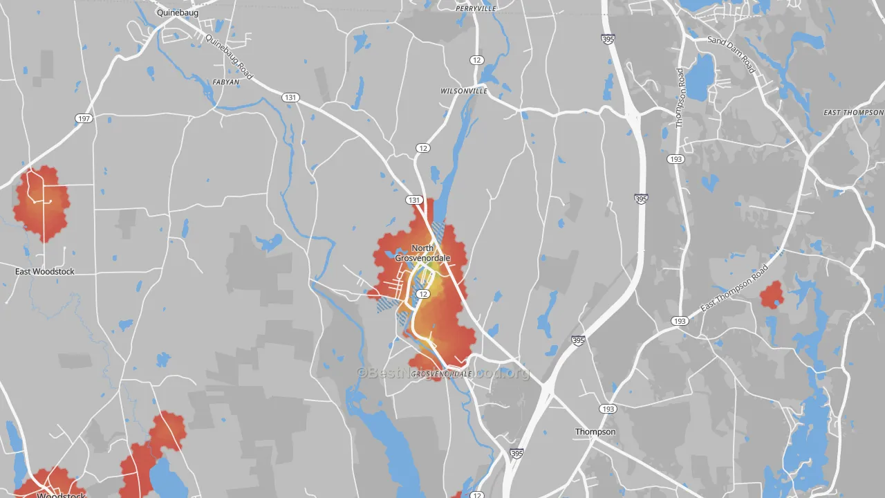 Walk Grade map of North Grosvenordale, CT, walkable areas in green and car-dependent areas in red