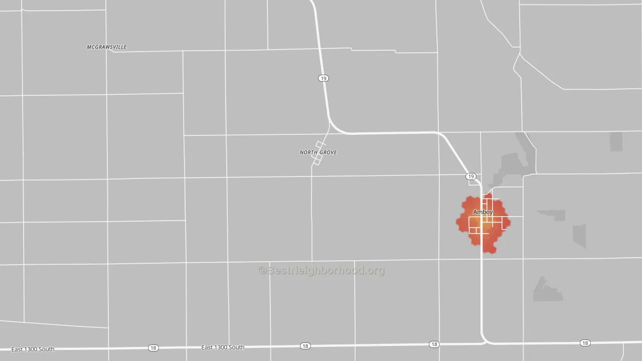 Walk Grade map of North Grove, IN, walkable areas in green and car-dependent areas in red