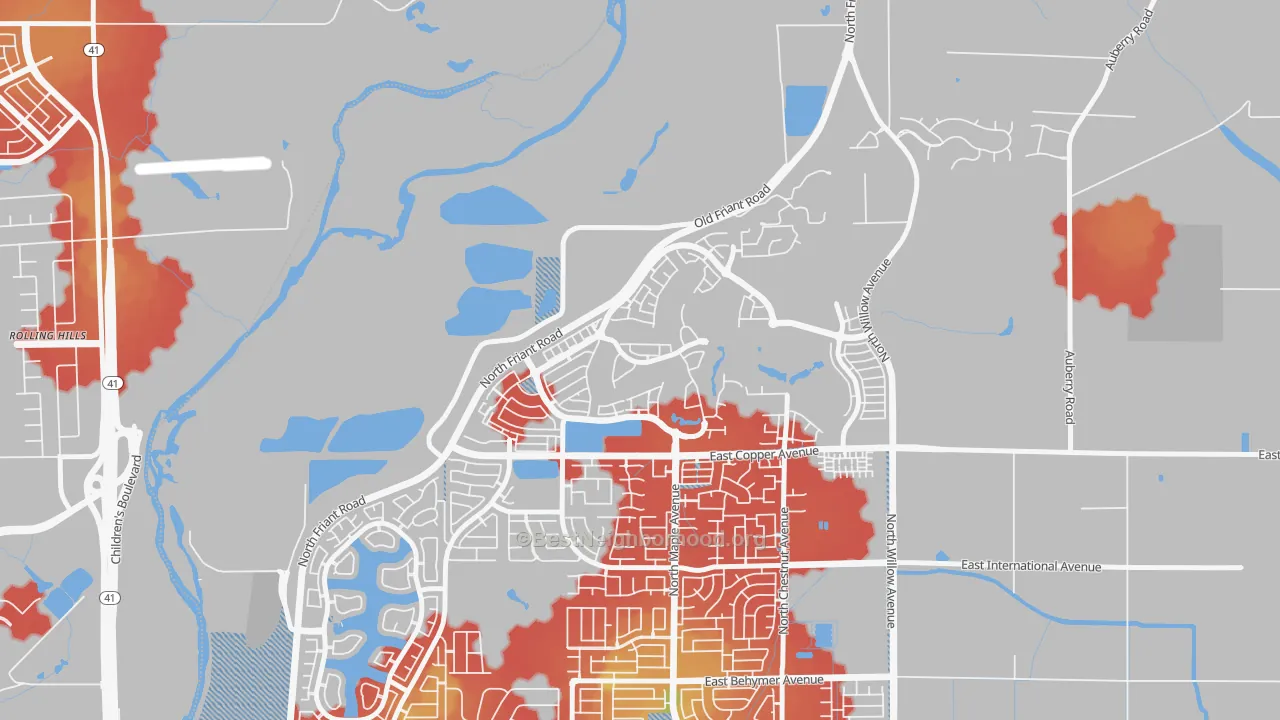 Walk Grade map of North Growth Area, Fresno, CA, walkable areas in green and car-dependent areas in red