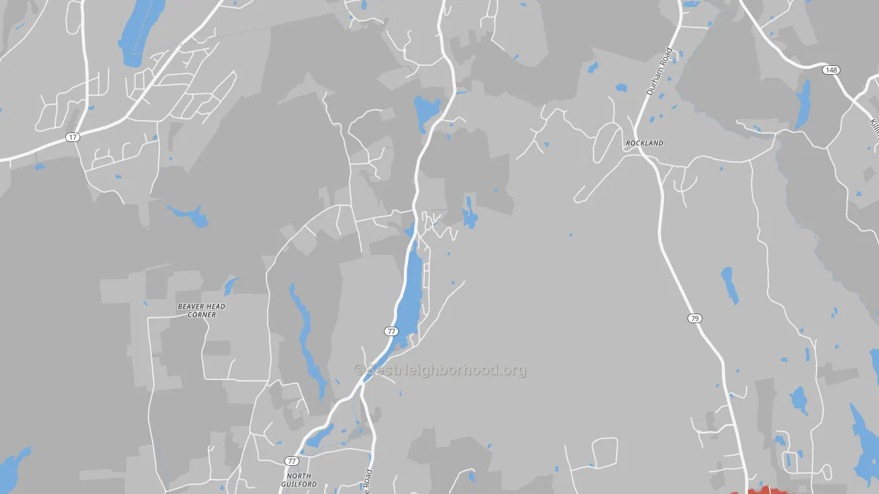 Walk Grade map of North Guilford, CT, walkable areas in green and car-dependent areas in red