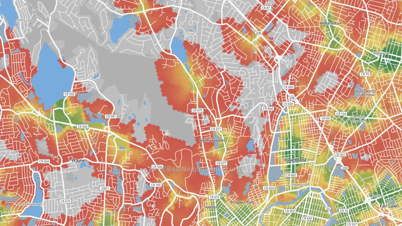 Walk Grade map of North Haledon, NJ, walkable areas in green and car-dependent areas in red