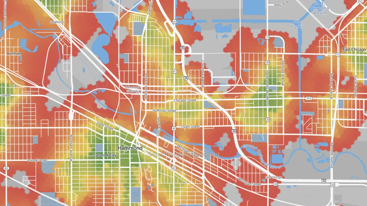 Walk Grade map of North Hammond, Hammond, IN, walkable areas in green and car-dependent areas in red