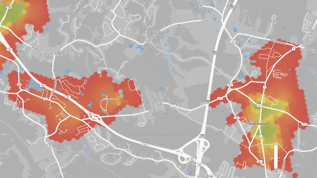 Walk Grade map of North Hampton Center, NH, walkable areas in green and car-dependent areas in red