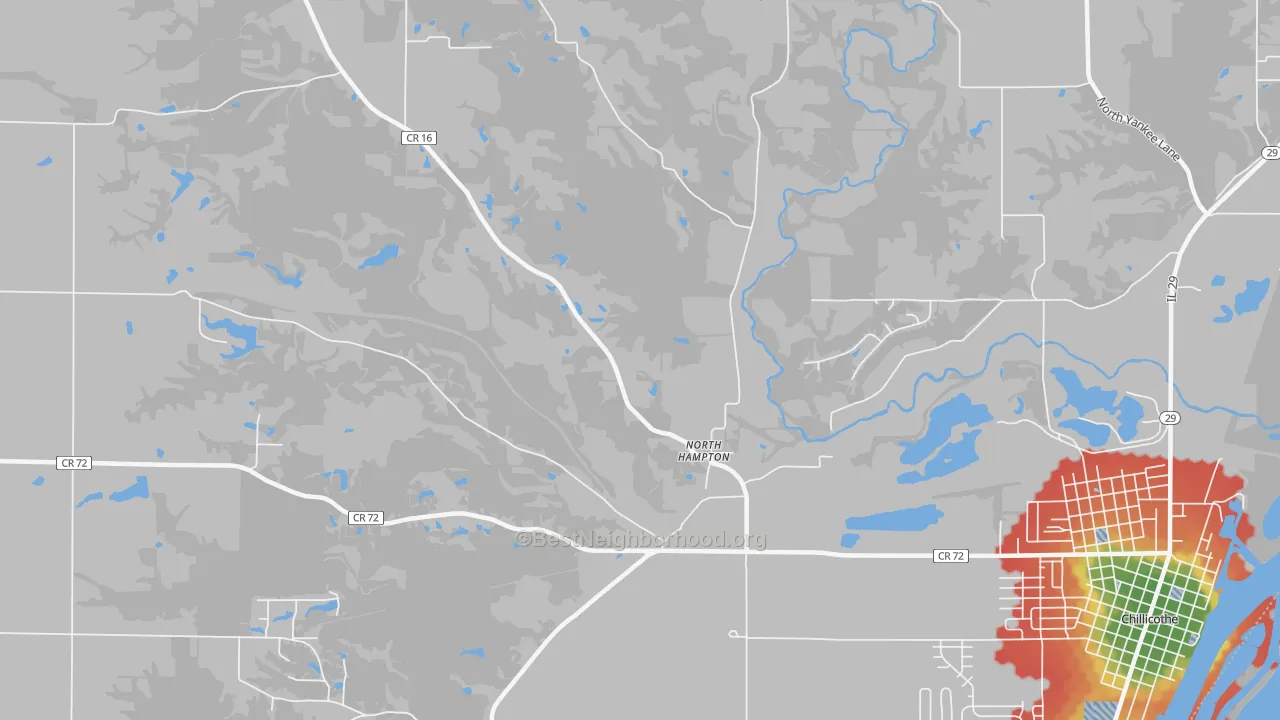 Walk Grade map of North Hampton, IL, walkable areas in green and car-dependent areas in red