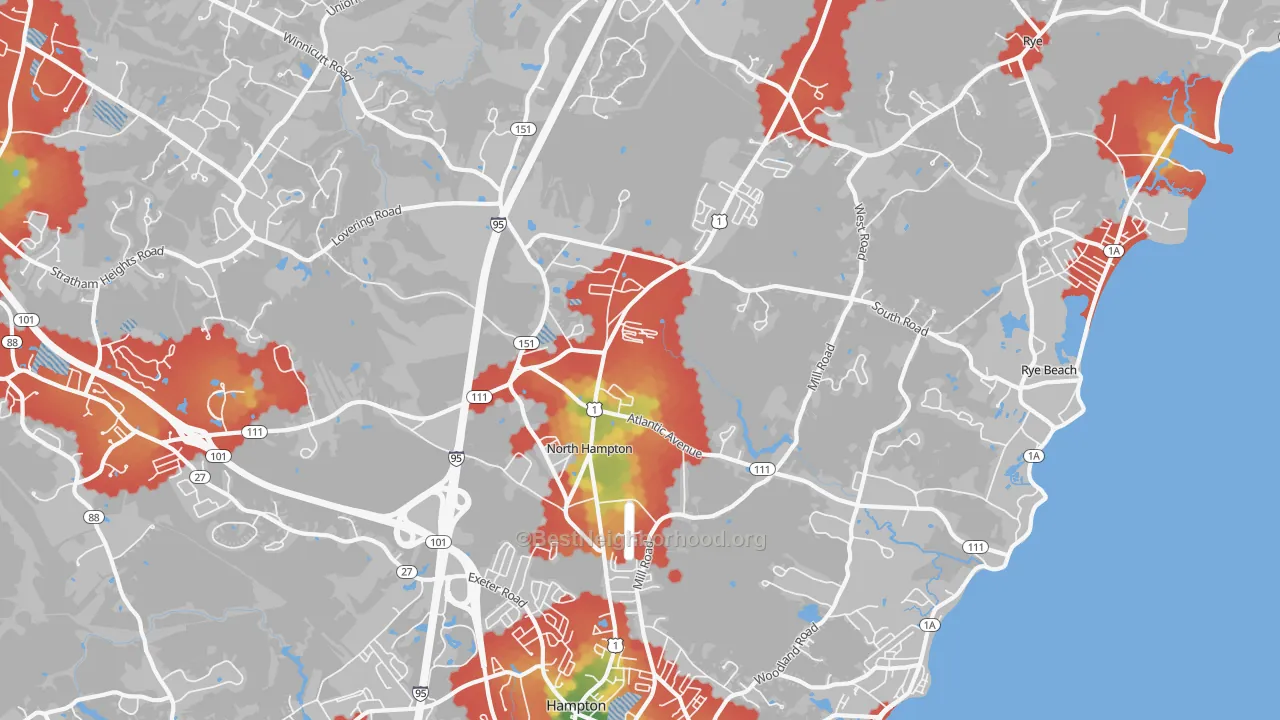 Walk Grade map of North Hampton, NH, walkable areas in green and car-dependent areas in red