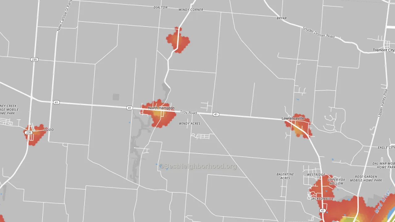 Walk Grade map of North Hampton, OH, walkable areas in green and car-dependent areas in red
