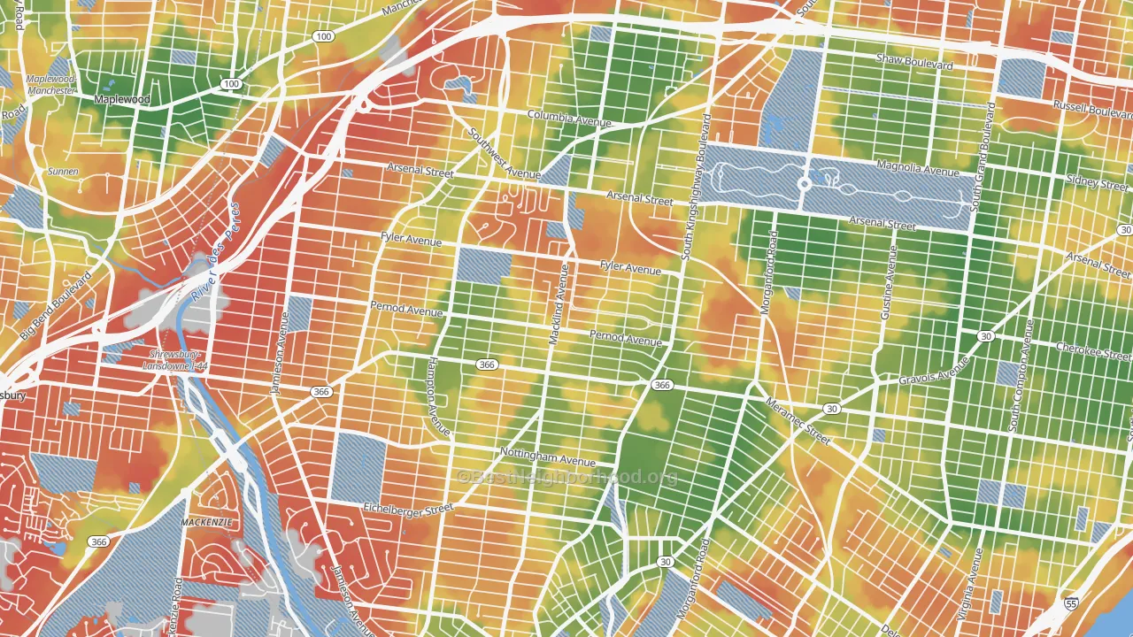Walk Grade map of North Hampton, St. Louis, MO, walkable areas in green and car-dependent areas in red