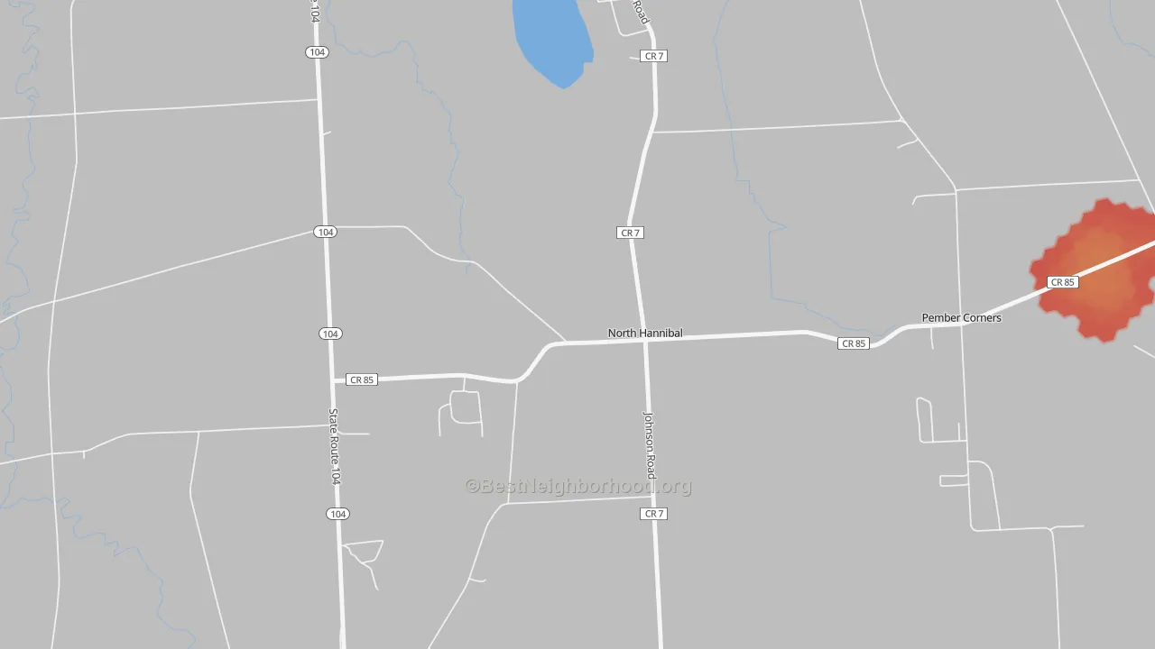 Walk Grade map of North Hannibal, NY, walkable areas in green and car-dependent areas in red