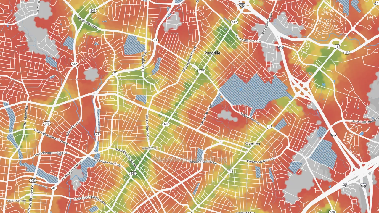 Walk Grade map of North Harford Road, Baltimore, MD, walkable areas in green and car-dependent areas in red