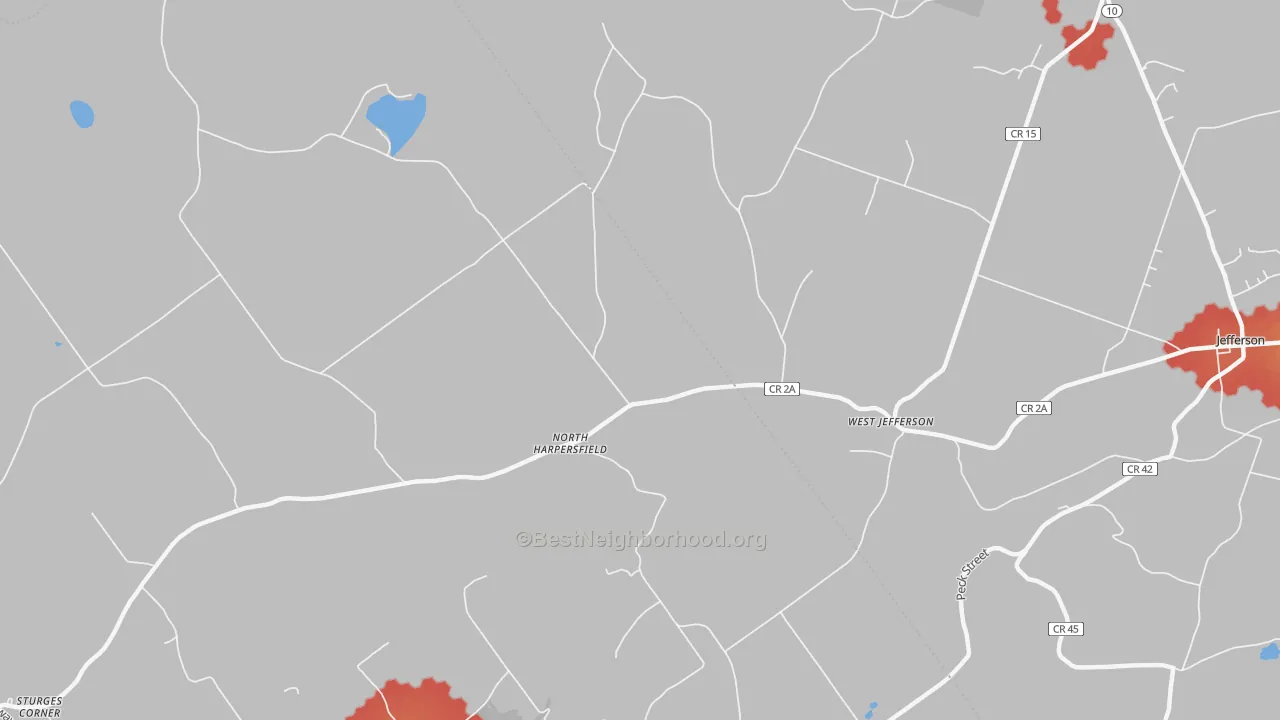 Walk Grade map of North Harpersfield, NY, walkable areas in green and car-dependent areas in red