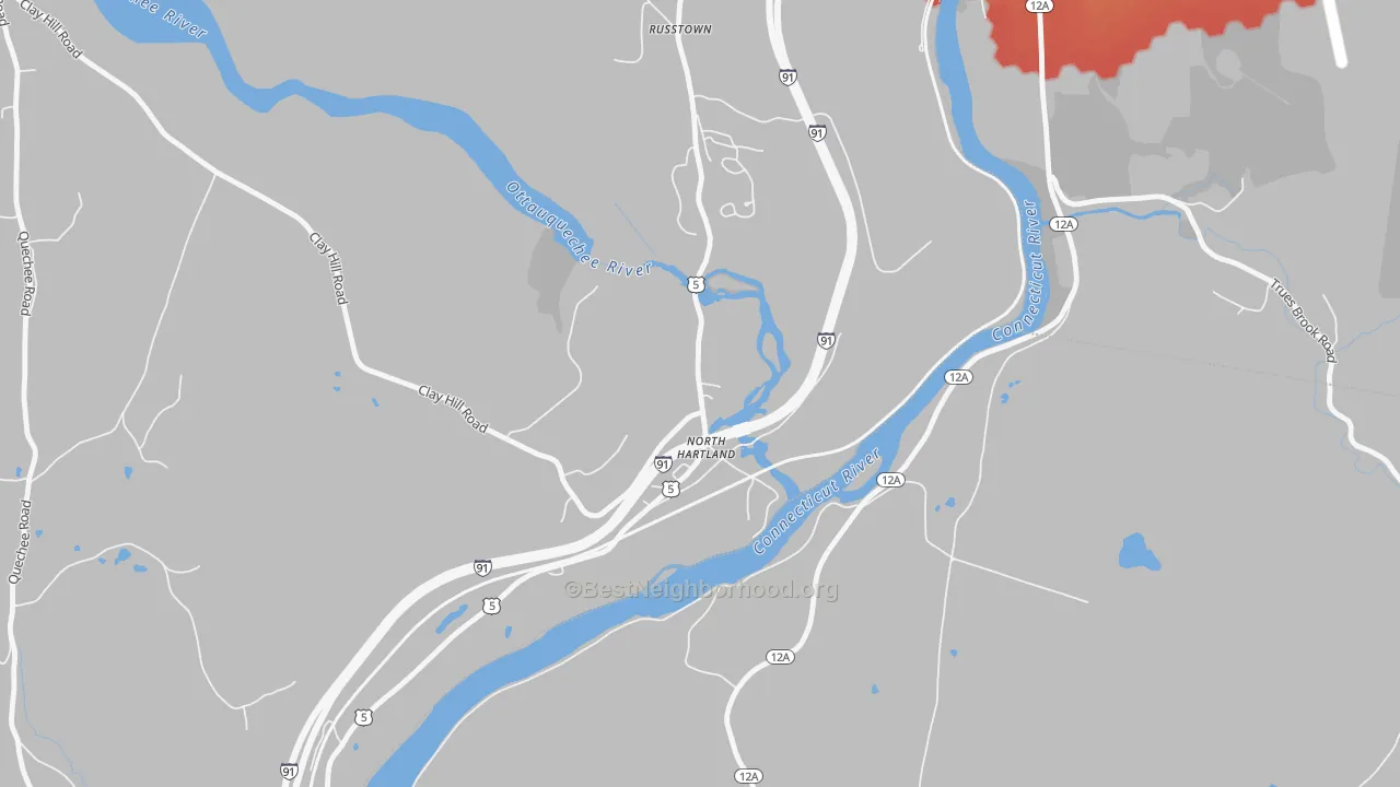 Walk Grade map of North Hartland, VT, walkable areas in green and car-dependent areas in red
