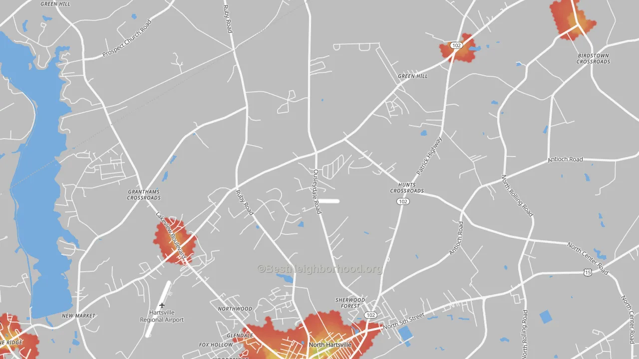 Walk Grade map of North Hartsville, SC, walkable areas in green and car-dependent areas in red