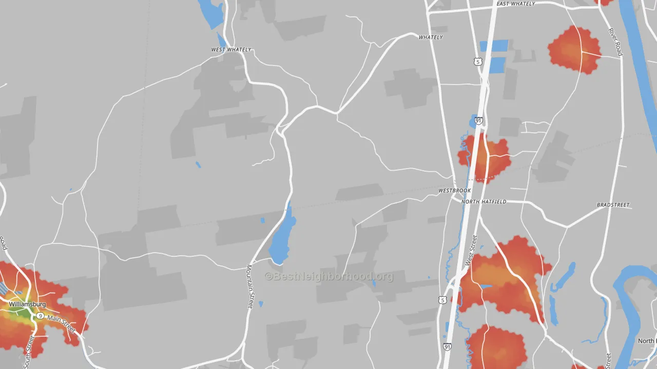 Walk Grade map of North Hatfield, MA, walkable areas in green and car-dependent areas in red