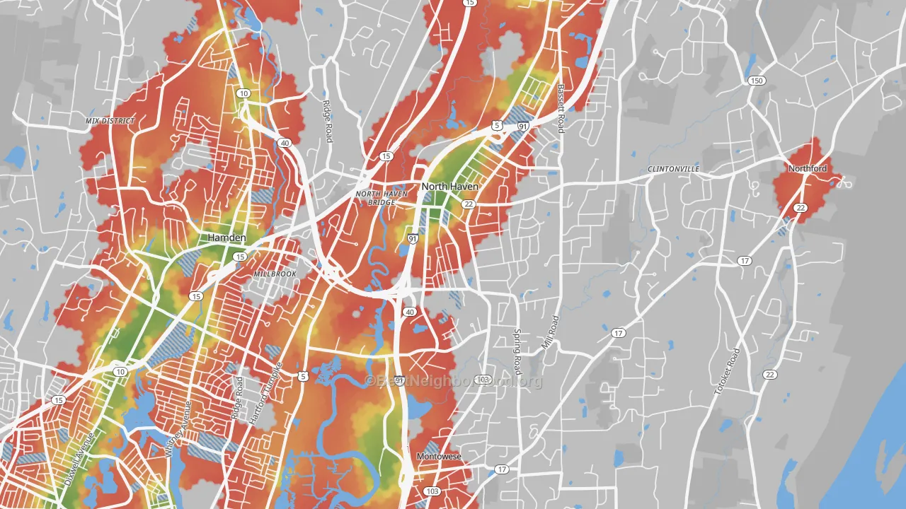 Walk Grade map of North Haven, CT, walkable areas in green and car-dependent areas in red