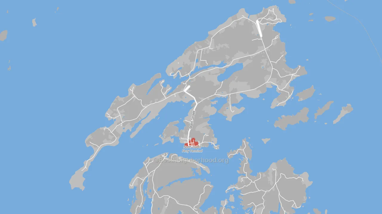 Walk Grade map of North Haven, ME, walkable areas in green and car-dependent areas in red
