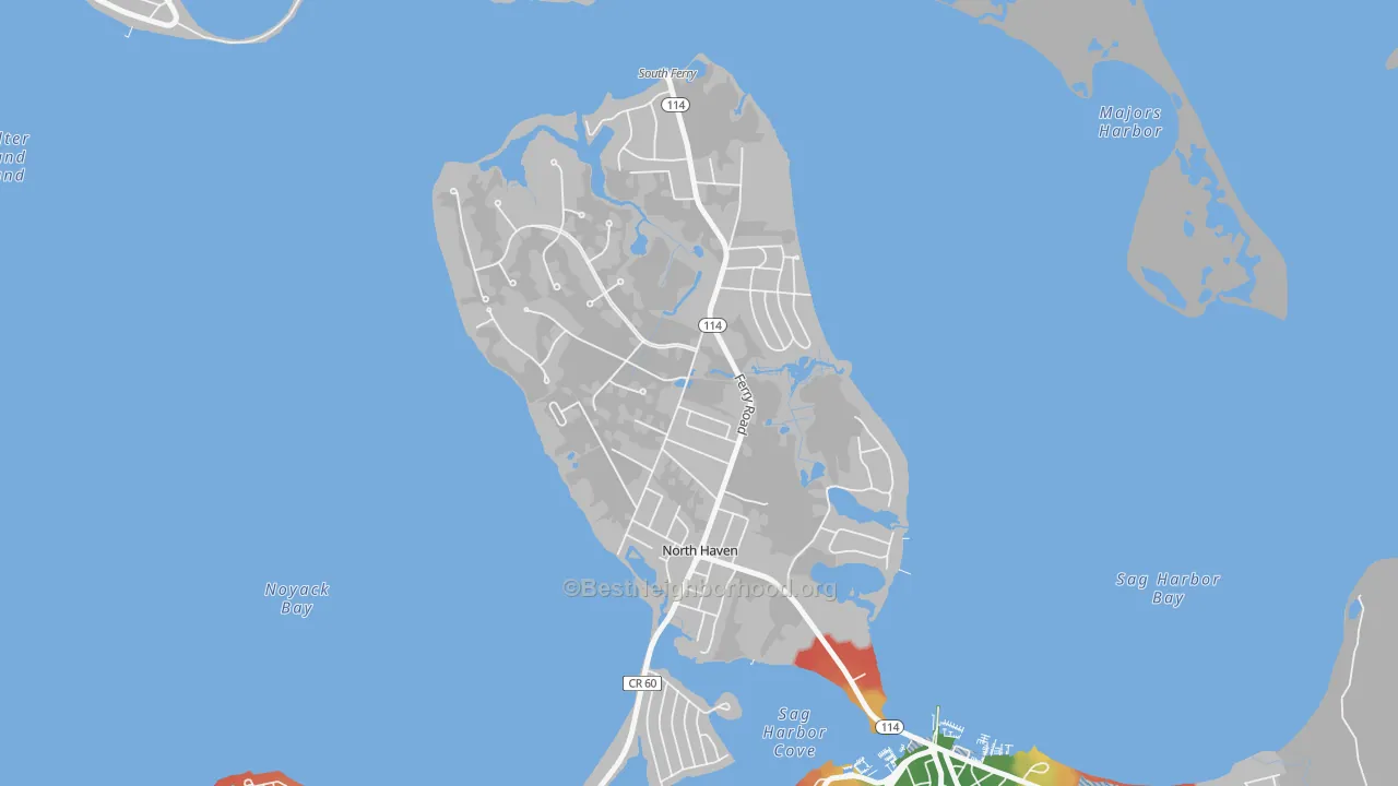 Walk Grade map of North Haven, NY, walkable areas in green and car-dependent areas in red