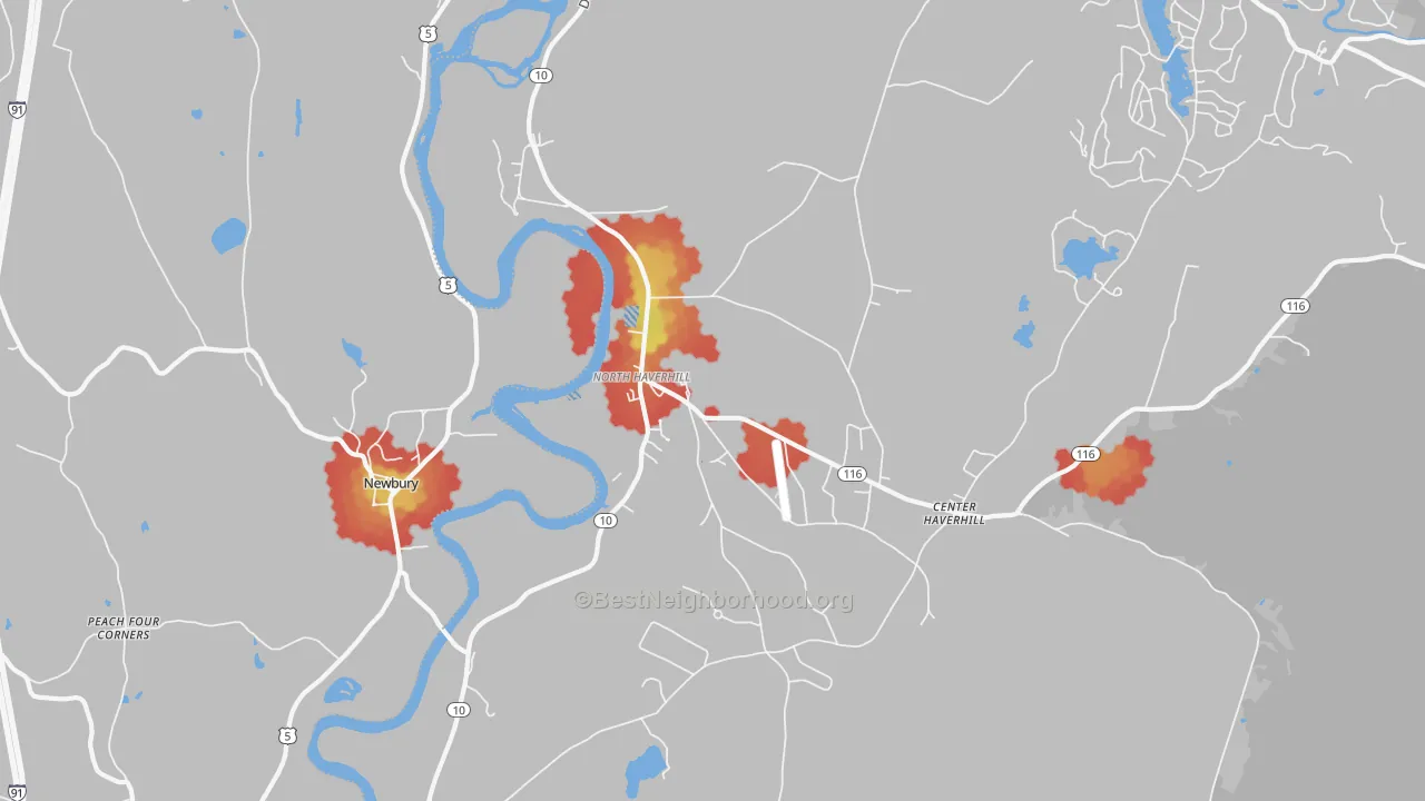 Walk Grade map of North Haverhill, NH, walkable areas in green and car-dependent areas in red
