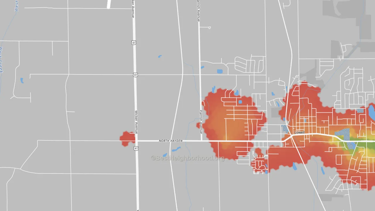 Walk Grade map of North Hayden, IN, walkable areas in green and car-dependent areas in red