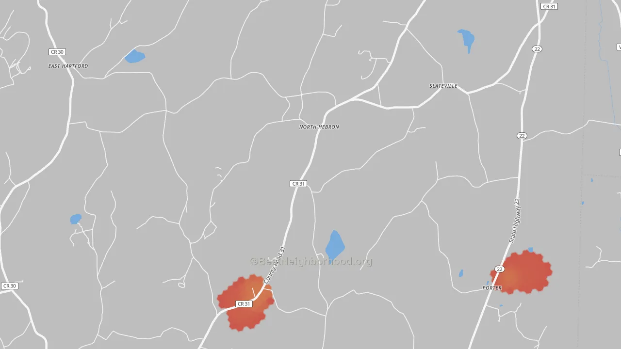 Walk Grade map of North Hebron, NY, walkable areas in green and car-dependent areas in red