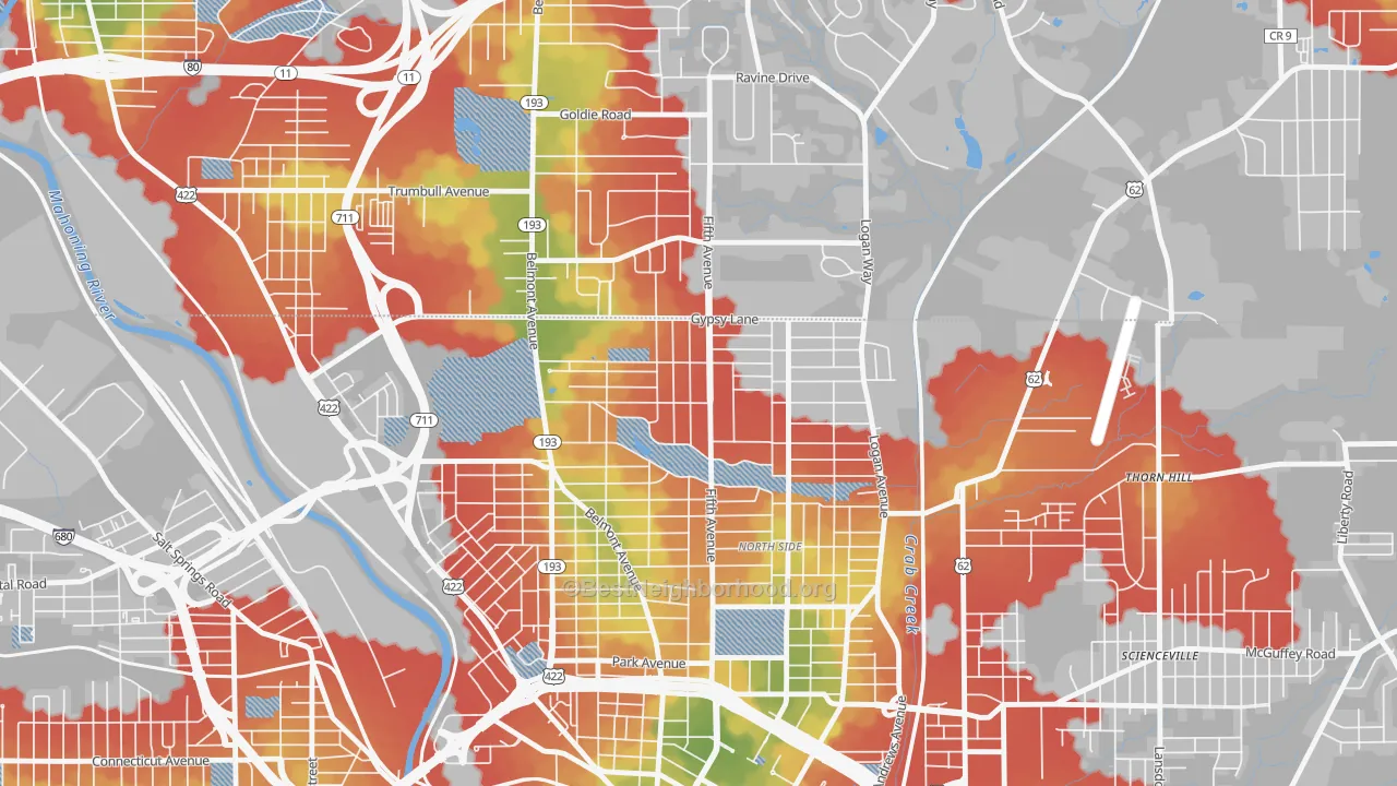 Walk Grade map of North Heights, Youngstown, OH, walkable areas in green and car-dependent areas in red